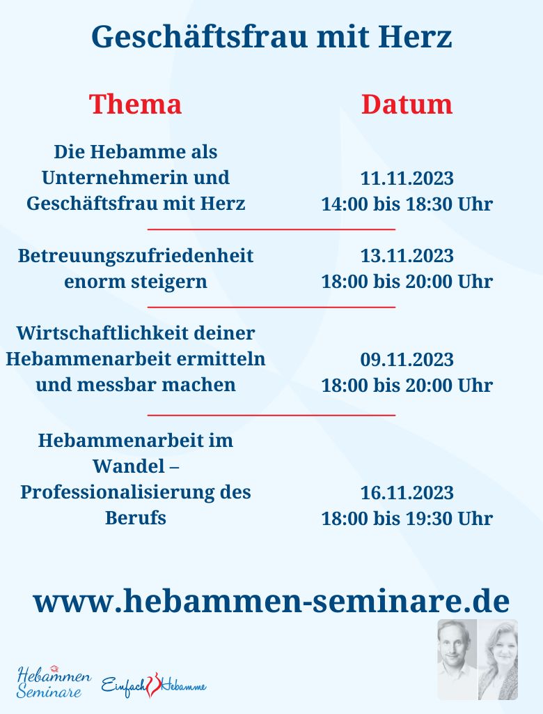 2023 -H2 Seminarübersicht - Hebammen Seminare - Hebamme - Geschäftsfrau mit Herz